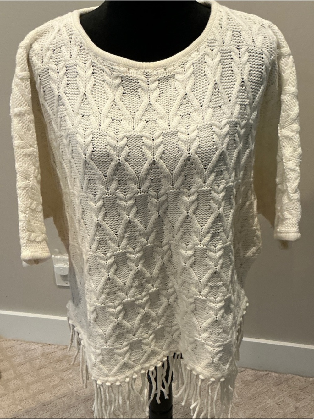 Collection B Cream Open-Knit Fringe Crewneck Sweater